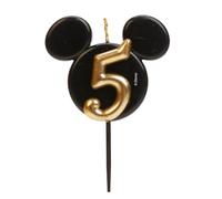 dekora - Candeline di Compleanno di Topolino - Candele di Disney di Cera di Paraffina Senza Fragranza - Candela di Compleanno con Orecchie di Mickey Mouse Nero e Oro - 8,5 cm - Candeline Numero 5