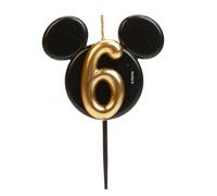 dekora - Candeline di Compleanno di Topolino - Candele di Disney di Cera di Paraffina Senza Fragranza - Candela di Compleanno con Orecchie di Mickey Mouse Nero e Oro - 8,5 cm - Candeline Numero 6