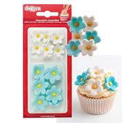 Dekora - Confezione da 7 Margherite Bianche e 7 Margherite Blu - Cake Topper Commestibili - Decorazione per Torta di Compleanno in Pasta di Zucchero