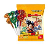 dekora - Lecca lecca Dragon Ball Super gusto cola (5 pezzi) con ripieno di chewing gum e polverina frizzante piccante, caramelle per compleanno bambini, senza glutine e senza lattosio, 100 g (5x20 g)