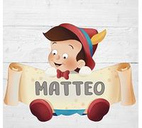 DEKORI Targa Pinocchio personalizzabile con nome per la porta, decorazione da parete in legno, sfiziosa idea regalo per regalo battesimo Comunione compleanno. Prodotta in Italia, da DEKORI.