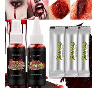 DE'LANCI - Set di trucchi per Halloween e sangue artificiale, 5 pezzi, per Halloween e sangue, 1 spray per il sangue artificiale per la pelle, 1 goccia di sangue sintetico per Halloween