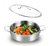 DELARLOCHEF Padella da portata 24 cm: padella a tre strati in acciaio inox, con coperchio, Tri-ply Stainless Steel Saute Pan, Double Ear, Deep and Large Frying Pan