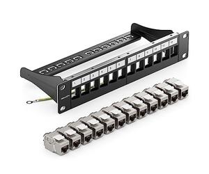 deleyCON 12 Porto CAT7 Pannello Patch SET Campo Delle Patch Campo di Distribuzione Modulare 1 IU 10" Pollici Montaggio Rack + 12x CAT 7 Keystone Moduli RJ45 10 Gbit/s 600 MHz Cavi di Posa Nero
