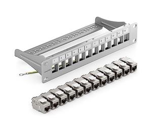 deleyCON 12 Porto CAT7 Pannello Patch SET Campo Delle Patch Campo di Distribuzione Modulare 1 IU 10" Pollici Montaggio Rack + 12x CAT 7 Keystone Moduli RJ45 10 Gbit/s 600 MHz Cavi di Posa Grigio