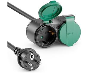 deleyCON 15m Cavo di Prolunga da Esterno IP44 (H07RN-F 3G1.5mm²) Cavo Elettrico di Prolunga in Gomma Resistente alle Intemperie per Uso Esterno - Spina con Contatto di Protezione a 2 Prese - Nero