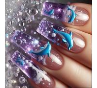 Delfini a tema Ice Blue Press On Nails 24Pcs Mediums Forma Quadrata Unghie Artificiali Con Senza Cuciture Blu Ice Delfini Quadrati Fakes Nail