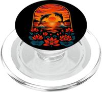 Delfini al tramonto con fiori di loto, oceano natura arte PopSockets PopGrip per MagSafe