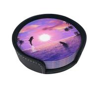 Delfini al tramonto,Set di 6 sottobicchieri rotondi, sottobicchieri in pelle PU con supporto per casa, ufficio, cucina