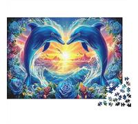 Delfini arcobaleno Puzzle 1000 Pezzi Delfini che formano un cuore nel mare al tramonto, idea regalo, puzzle decompressivo, educativo, divertente per famiglie