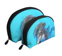 Delfini con faccia sorridente stampati, Borsa per trucco a conchiglia Portamonete da donna Borsa da toilette piccola Borsa per cosmetici 2 pezzi