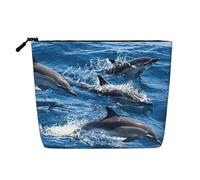 Delfini nel mare Borsa per il trucco per uso quotidiano Borsa da viaggio in canapa falsa Organizer da toilette di grande capacità resistente all'acqua