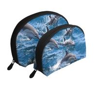 Delfini Nel Mare, Borsa per trucco a conchiglia Portamonete da donna Borsa da toilette piccola Borsa per cosmetici 2 pezzi