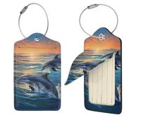 Delfini nel mare Etichette per bagagli per valigie, etichette da viaggio in pelle PU con retro completo per la privacy, etichette per nome, etichette personalizzate per borse, etichette per valigie