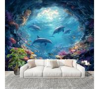 Delfini Nel Mondo Sottomarino Carta da Parati Fotografica Panorama Effetto 200x140 cm Blu Decorazione per la Casa per Pareti per Camera Da Letto Sala Fotomurali In Tessuto Non Tessuto