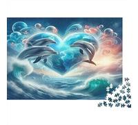 Delfino - Carta spessa - Delfini che formano un cuore nelle onde oceaniche blu - Confezione puzzle - Attività familiare - Regalo di Natale - 38x26cm/1000 pezzi