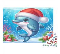 Delfino con Cappello di Natale Puzzle 1000 Pezzi per Adulti Gioco di Puzzle 1000 Pezzi Scena Oceanica Sottomarina Rilassante Regalo Famiglia Arredo 52x38cm/1000pcs