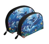 Delfino di corallo del mondo marino blu della vita marina, Borsa per trucco a conchiglia Portamonete da donna Borsa da toilette piccola Borsa per cosmetici 2 pezzi