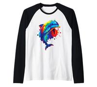 Delfino - Disegno Colorato Splash Art Animali Marini Maglia con Maniche Raglan