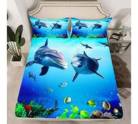 Delfino Lenzuolo con angoli Oceano Marine per bambini, ragazzi, ragazze, adolescenti, creature marine, set di lenzuola traspirante hawaiano Sealife blu copripiumino per letto matrimoniale