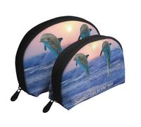 Delfino tursiope all'alba, Borsa per trucco a conchiglia Portamonete da donna Borsa da toilette piccola Borsa per cosmetici 2 pezzi