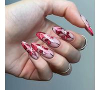 Delicate unghie ovali con fiori decorativi e bordi dorati, stampa sulle unghie, ideali per celebrare le festività nazionali, accessori per unghie per eventi all'aperto