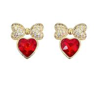 Delicati orecchini a perno da donna a forma di cuore rosso, con fiocco con strass di cristallo, gioielli romantici per San Valentino, matrimoni, feste e appuntamenti notturni