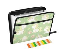 Delicati unicorni dei cartoni animati verde chiaro per bambini grandi cartelle di file 13 tasche formato A4 formato lettera con chiusura a cerniera per espandere la copertina