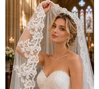 [Delicato e confortevole aggiornato] 1 pezzo Velo da sposa vintage elegante con pizzo lungo 3 m, adatto per la Cattedrale di Vienna, chiesa, design floreale complesso, con pettine metallico per capell