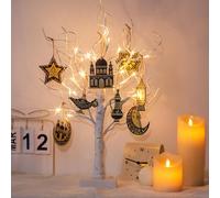 DELICHTER Decorazione per interni Ramadan con 24 LED bianco caldo, a batteria, albero luminoso con 8 decorazioni per il Ramadan, betulla con funzione timer per Pasqua, Natale, soggiorno, 55 cm