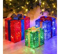 DELICHTER LED Decorazione di Natale, 3× Rosso/Verde/Blu Confezione Regalo con Nastri Illuminazione di Natale per Interni, camere, Case Vicino all'albero di Natale