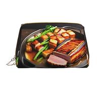 Deliziosa borsa per il trucco da donna con carne alla griglia, grande capienza, borsa da viaggio in pelle PU con cerniera, organizer portatile con ampia apertura, bianco, taglia unica