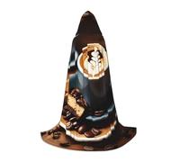 Deliziosa mantella con cappuccio con stampa caffè, migliora il tuo look festivo, grande cappuccio e papillon, per Halloween/cosplay