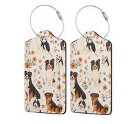 Deliziosi tag in acciaio inossidabile con anello in pelle e fiore raffiguranti un pastore australiano, personalizzati per donne, uomini e bambini 1