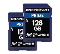 Delkin Devices - Scheda SD PRIME, 128 GB, 2 Pezzi, SDXC UHS-II (U3/V60), Resistente all'Acqua, Durevole, Classe 10, per DSLR, Videocamere e Fotocamere