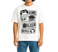 DELLMOOR T-shirt da uomo con stampa, 100% cotone, girocollo, tinta unita, a maniche corte, taglie dalla XS alla 4XL, M38 bianco (mangiare dormire), XL plus tall