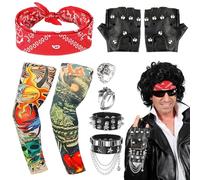 dellyy 9 pezzi Punk Gothic Rocker Kit,Costume da Roccia in Metallo Pesante Punk Gotico Rock Accessori,Accessori per Costumi Rock,Bandana,Tatuaggi Finti Maniche, Guanti, Bracciale, Anello