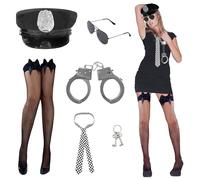 dellyy Accessori Costume Polizia, Costume Poliziotto, Polizia Costume con Cappelli, Cravatte, Occhiali da Sole, Manette, Manganelli, Costume da Poliziotto per Cosplay di Carnevale (Polizia-B)
