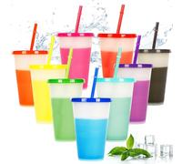 dellyy Bicchiere Plastica Bambini, 9 Pezzi Bicchieri con Cannuccia e Coperchio, Tazza Che Cambiano Colore Bicchieri, Bicchieri di Plastica Riutilizzabili per Bambini Adulti Feste, 480ml (A)