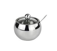 Delmkin Zuccheriera in acciaio inox, con coperchio in vetro trasparente e cucchiaio, portaspezie per sale, zucchero, tè erbe aromatiche