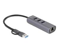 DeLOCK Hub USB 5 Gbps a 3 Porte + LAN Gigabit con connettore USB Type-C o USB Tipo-A in Contenitore Metallico