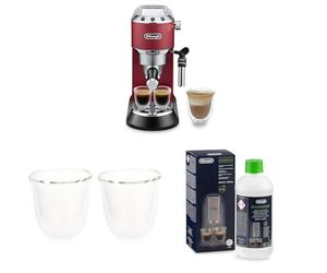 De'Longhi Dedica EC 685.R Macchina per caffè espresso portafiltro, Rossa + Bicchiere per caffè espresso isolato Set di 2 + Decalcificante | Anticalcare universale per 4 cicli di disincrostazione
