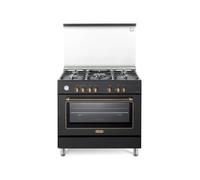 De'Longhi PEMA 965 CSG Cucina A Gas, 90 Cm, Forno Elettrico Multifunzione, 5 Bruciatori, 1 Doppia Corona, Coperchio In Vetro, Linea Country, Colore Nero, Classe Energetica A