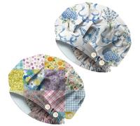 DELORIGIN 2 cappelli chirurgici con fiori a quadretti, vintage, blu, fiocco, patchwork, elasticizzati, per medici, chirurgici, unisex, per infermiere, cucinare e fare lavori domestici