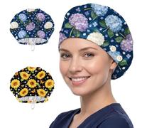 DELORIGIN 2 cappellini con girasoli e ortensia, in cotone, per infermiere, teatro, con bottone e fascia per il sudore, regolabili, per donne e uomini, per cucinare lavori domestici, taglia unica
