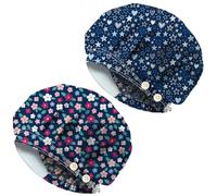 DELORIGIN 2 cappellini piccoli con motivo floreale a bouffant con cuore e stelle, in cotone, cappello da infermiera e teatro, con bottone e fascia per il sudore, berretto chirurgico regolabile, per