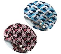 DELORIGIN 2 pezzi Ocean Waves scrub tappi Cherry Blossoms Cura Elastica Medico Chirurgo Lavoro Cappelli in Cotone Regolabile Unisex Chirurgico Cappelli Per Infermiera Cucinare Lavori Domestici