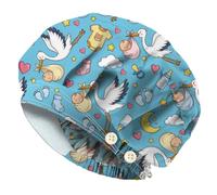 DELORIGIN Cappelli da infermiera con motivo a cicogna con luna e stelle, in cotone, con bottone e fascia per il sudore, tappi chirurgici regolabili, unisex, elastici da lavoro, per donne e uomini