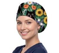 DELORIGIN Cappelli da infermiera in cotone con motivo gatto nero nel fiore con bottone e fascia per il sudore, cappellini chirurgici regolabili per donne e uomini, per cucinare, lavorare, lavori