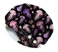 DELORIGIN Cuffia da infermiera in cotone con medusa e corallo, con bottone e fascia per il sudore, tappi chirurgici regolabili, unisex, berretto elastico da lavoro per donne e uomini, infermieristica